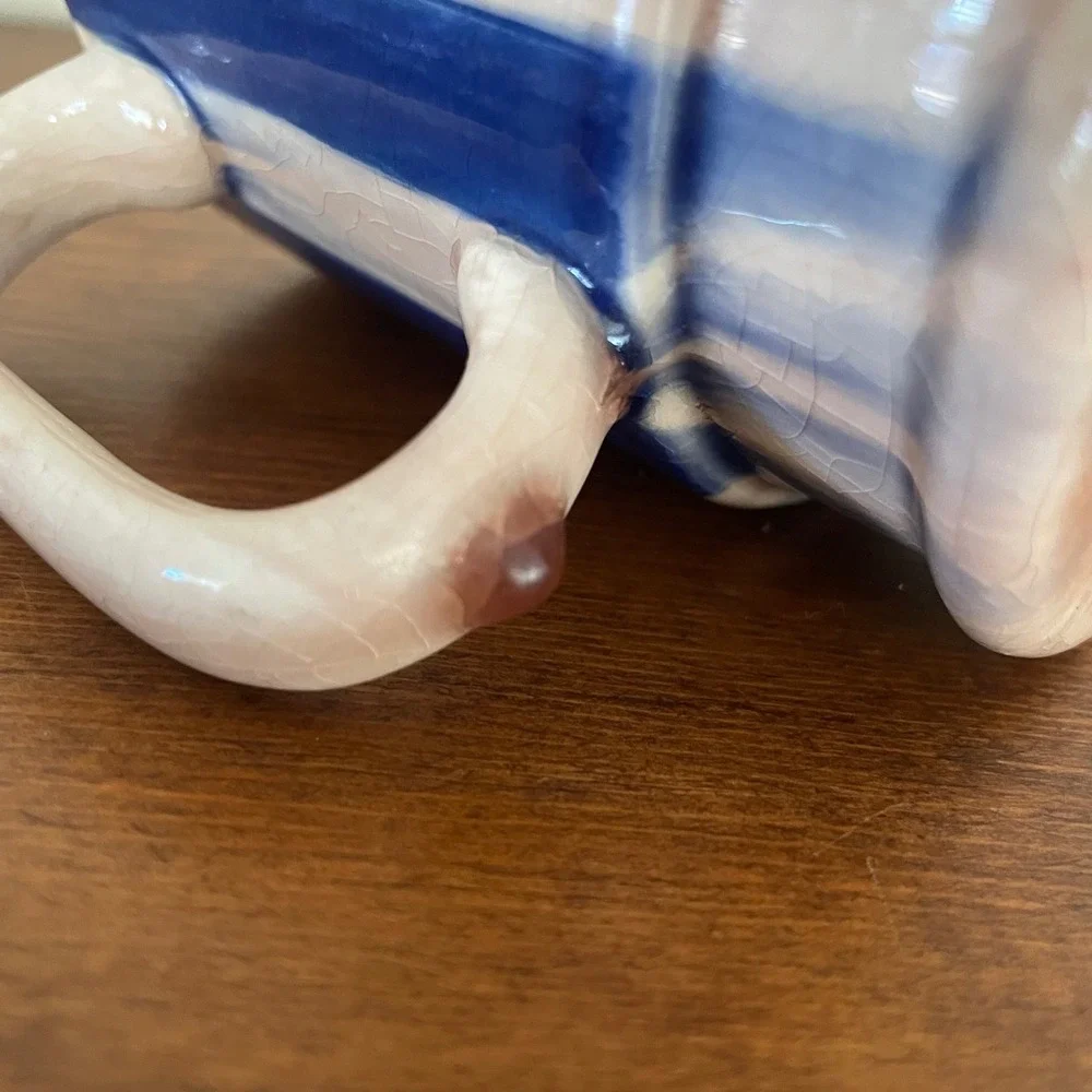 Vintage 70s Mustache Man Shaving Cream Mug‎ Cup Ceramic Artisan Made 1970s